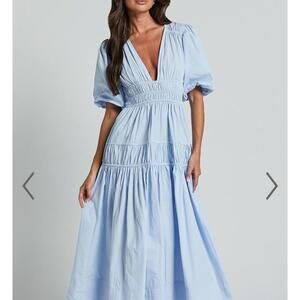 Showpo Light blue A-line puff sleeve midi dress